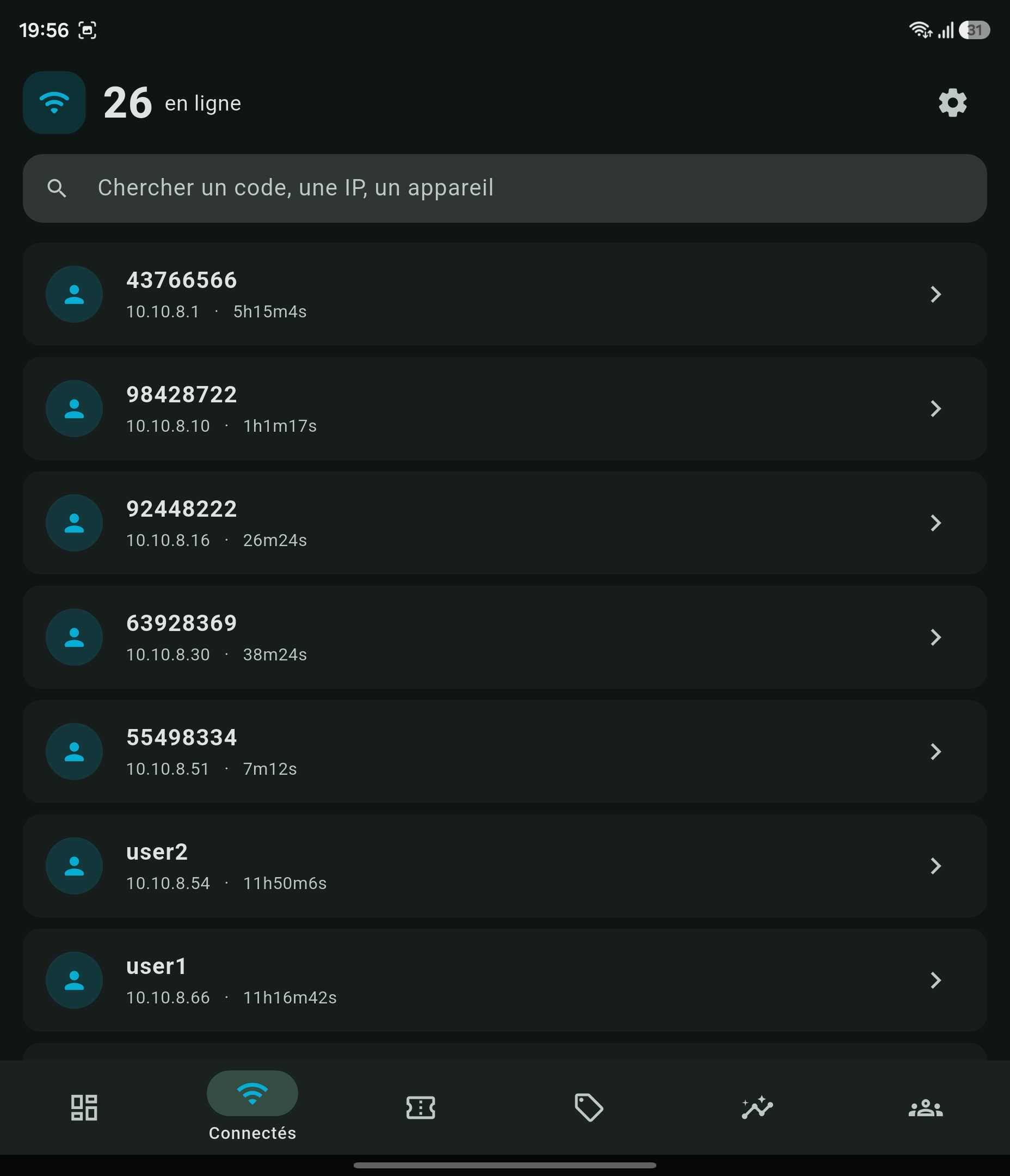 Liste des clients connectés